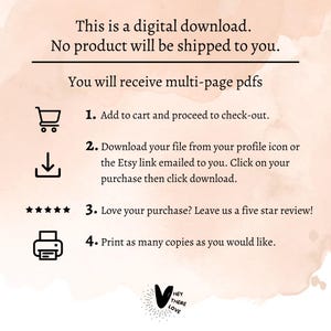 May include: A digital download graphic with instructions. Text includes "This is a digital download. No product will be shipped to you." Steps include adding to cart, downloading, reviewing, and printing. The logo "Hey There Love" is at the bottom.
