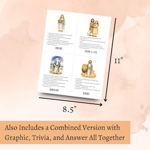 May include: A set of four illustrated cards featuring biblical figures Abigail, Adam & Eve, Abraham, and Daniel. The cards are 8.5 inches wide and 11 inches tall. Text on the cards includes names and related verses. The image also includes text that says "Also Includes a Combined Version with Graphic, Trivia, and Answer All Together."