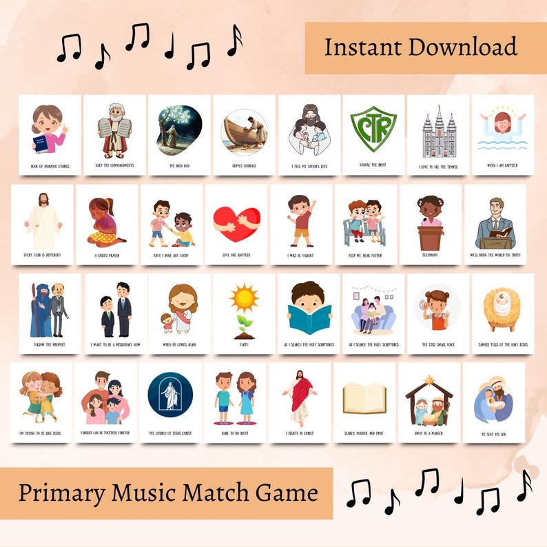 May include: A colorful printable primary music match game with 36 cards featuring illustrations and lyrics from popular children's songs about Jesus Christ. The cards are arranged in a grid with the title "Primary Music Match Game" at the bottom.