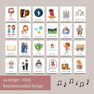 May include: A colorful chart with 24 illustrated images representing songs for children. The chart is titled "24 songs - 2025 Recommended Songs".