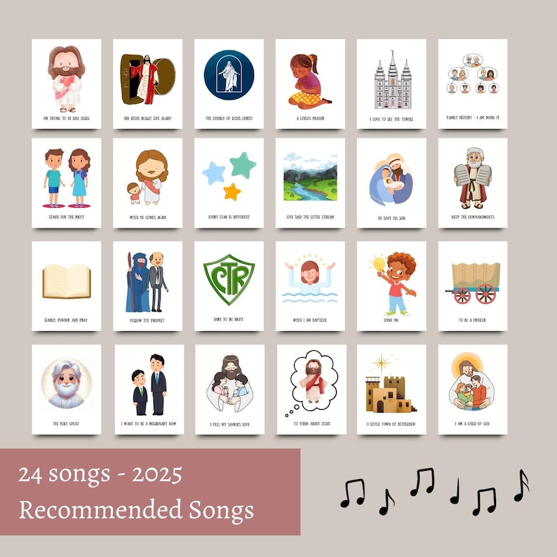 May include: A colorful chart with 24 illustrated images representing songs for children. The chart is titled "24 songs - 2025 Recommended Songs".