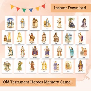 May include: A collection of illustrated cards featuring Old Testament heroes. Each card displays a character with their name, such as Abraham, Daniel, and Moses. The cards are arranged on a light pink background with the text "Instant Download" and "Old Testament Heroes Memory Game!"
