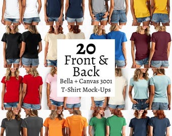 May include: Twenty front and back mock-ups of Bella + Canvas 3001 t-shirts in various colors. The t-shirts are shown on two models wearing denim shorts.