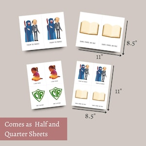 May include: A set of printable cards featuring images and text related to religious themes. The cards are designed to be printed on 8.5 by 11 inch sheets of paper and cut into smaller cards. The images include a person praying, a person following a prophet, and a book. The text includes phrases like "A Child's Prayer", "Follow the Prophet", and "Search, Ponder, and Pray".