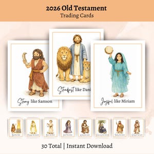 May include: Set of 2026 Old Testament trading cards. The cards feature watercolor illustrations of biblical figures with text such as "Strong like Samson," "Steadfast like Dani," and "Joyful like Miriam." The set includes 30 total cards.