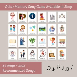 May include: A colorful grid of 24 illustrated cards featuring images and text related to children's songs. The text includes song titles like "I Know That My Savior Loves Me" and "Follow the Prophet". The title "Other Memory Song Game Available in Shop" is at the top of the image. The text "24 songs - 2025" and "Recommended Songs" is at the bottom of the image.