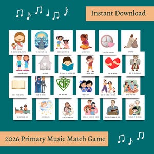 May include: A teal background with a collection of illustrated cards featuring religious themes. The cards include images of Jesus, children, and inspirational messages. The words "Instant Download" and "2026 Primary Music Match Game" are also visible.