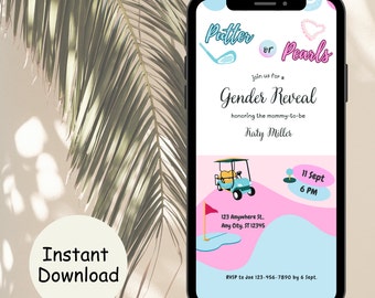 Putters or Pearls Gender Reveal, Golf gender reveal Electronic Invite, Editable Golf Baby Shower Invitation, Golf Baby Boy Baby Girl, Evite