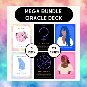 May include: A mega bundle oracle deck with 122 cards. The deck features illustrations of cats, women, and symbols. The text on the cards includes phrases like "Play it cool" and "The Nurturer".