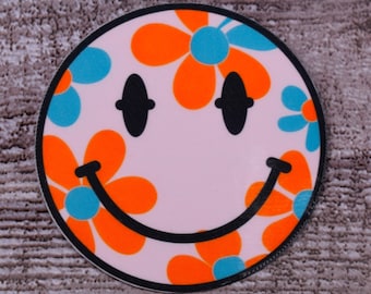Smiley Retro Blumen Aufkleber | Wasserfest | Wasserflasche | Hydro Flachmann | Laptop | Abziehbild