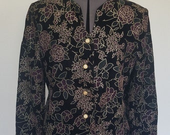 Vintage Norton McNaughton Blazer Black Velvet with Purple Rose's Green Leaves Metallic Gold Tone Embroidery w/Rhinestone Buttons Size 10 USA