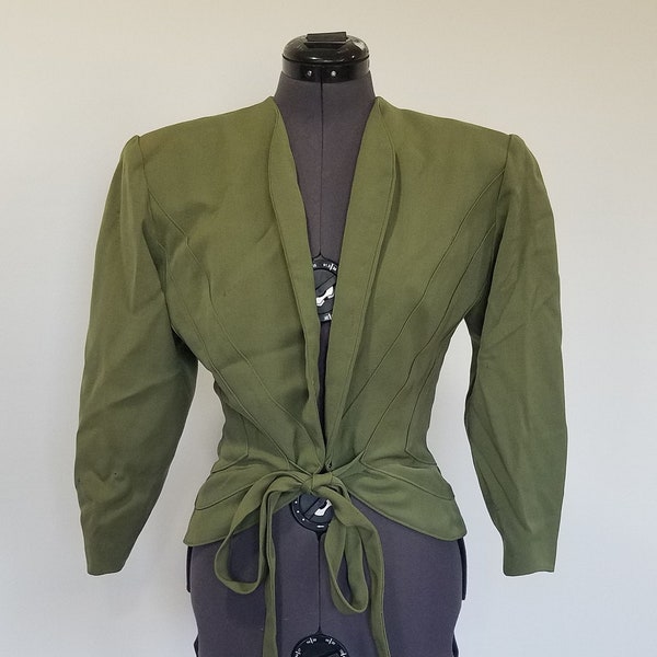 FORSTMANN 100% Virgin Wool / 1940-50s LEVYS Ladies Blazer / Fred A. Block Designer / Suit Top Jacket Green Red / Tie Waist / Boxy & Fitted