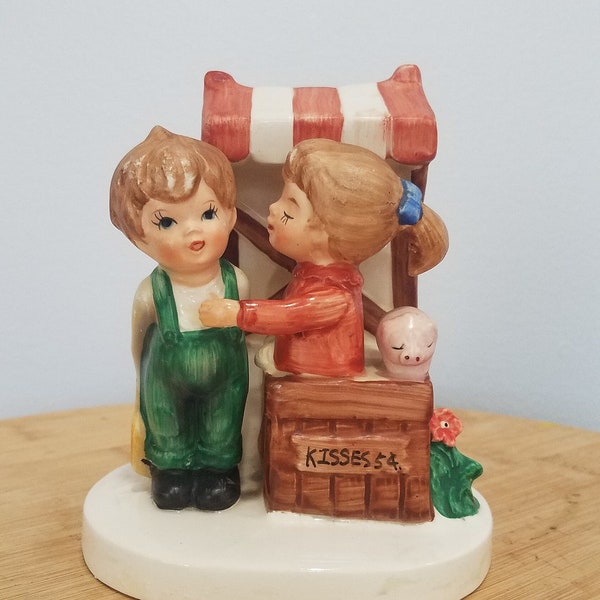 LEFTON Kissing Kisses 5 cents Booth / Children / Pig / County Fair / Hand Painted China Figurine / Marked 07821 / Collectible / Porcelain