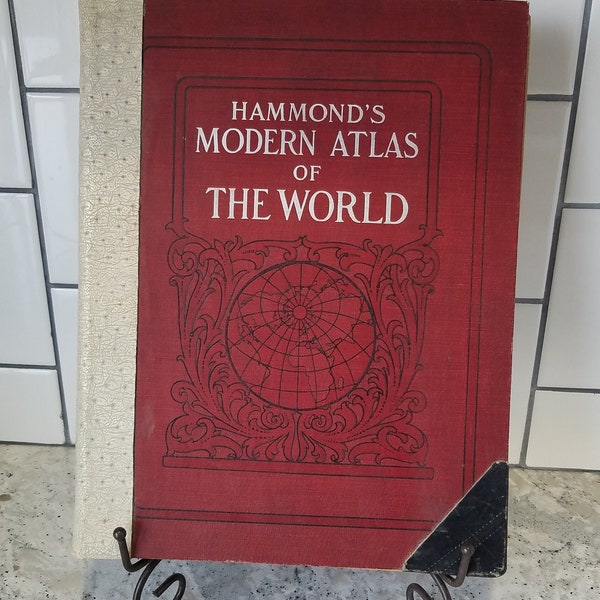 1911 1re éd. L'atlas moderne du monde de Hammond Cartes rares Reliure en cuir Frais de port des États-Unis Timbres internationaux Coupures de presse Historique