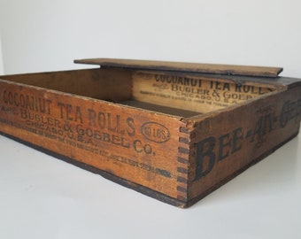 Antique Wooden Crate Advertisement / Cocoanut Tea Rolls / Bee-an-Gee / Bugler & Goebel Co. / Chicago / Dovetail Construction / Sturdy