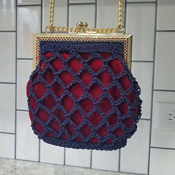 1960s Mister Ernest Simon Purse / Red Velvet / Blue Braiding / Gold-Tone Chain and Clasp / Red Lining / Original Label / Clutch Handbag