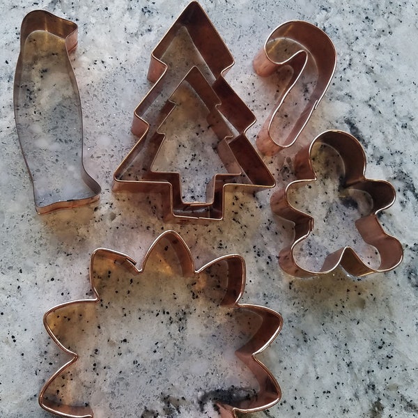 Vintage Copper Cookie Cutters / Christmas Evergreen Tree Set / Snowflake Sun Burst / Penguin / Cany Cane / Gingerbread Man / Bakeware