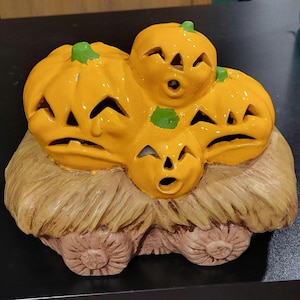 Centre de table vintage en céramique, triple lanterne citrouille Jack-O'-Lantern, avec bougie chauffe-plat | Décoration citrouille d'Halloween | Décoration automnale style Mid-Century Modern | Deux faces