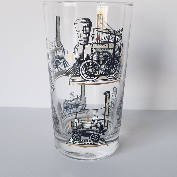 Vintage Libbey Glassware Co / Train Locomotive Motif / Drinking Glass High Ball Tumbler / MCM Black & Gold / Unique Barware Cocktail