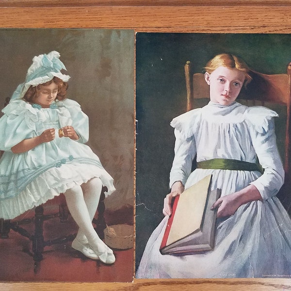 Antq Print / Child Girl Portrait / Sewing Reading / Imitation Grandma / 1890s Clothing / 1902 Publish /Chicago Record-Herald Art Supplement