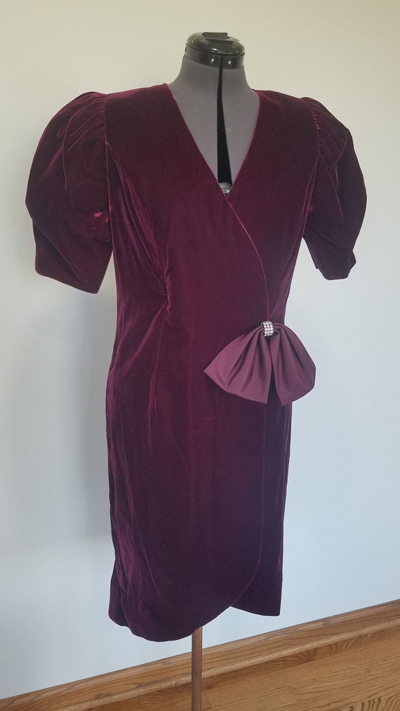 Vintage Wrap Dress Burgundy Velvet & Satin Puffed 