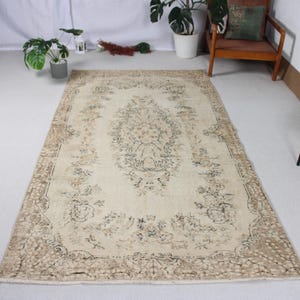 Vintage Turkish Rug, Beige and Brown, Ornate Pattern, Area 5x8ft, Elegant Home Decor, Unique Handcrafted Carpet