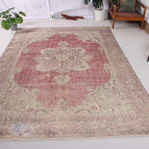 Vintage Turkish Rug, Red and Beige Area Carpet, Intricate Pattern, Soft and Elegant Design, 6x10ft, Perfect for Living Room Decor