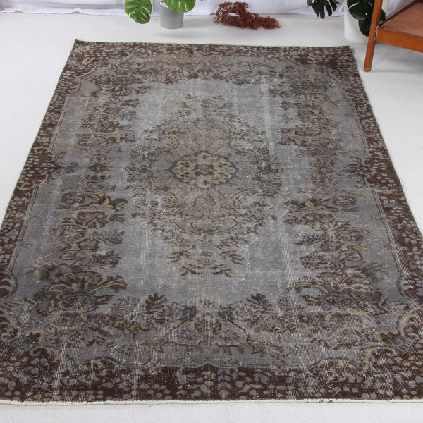 Vintage Rug Turkish Large Anatolian Rugs For Dining Room 5.6x9.3 ft Gray Overdyed Wool Decor Turkey Old Outdoor Vintage Oushak Distressed