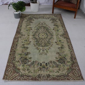 Vintage Turkish Rug, Handmade Oushak Carpet 4x7 ft, Distressed Antique Floral Design, Pastel Green, Living Room Decor, Unique Woven Mat