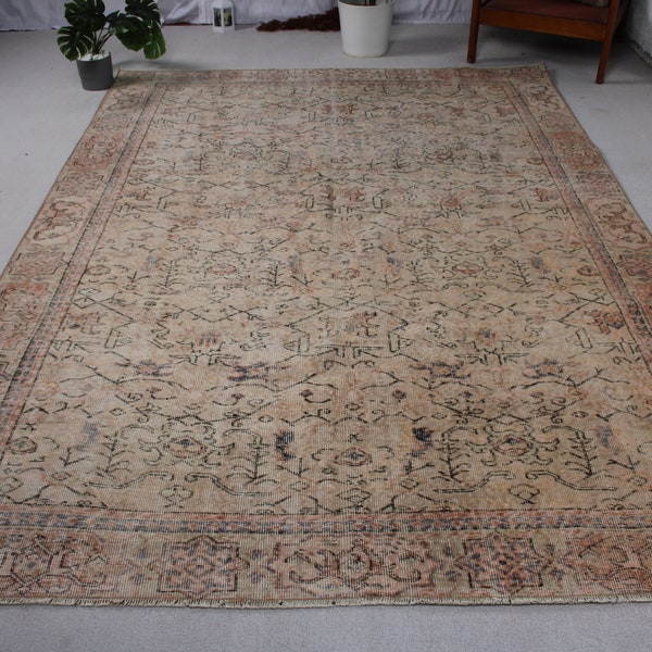 Vintage Rug Turkish Large Rugs Anatolian For Living Room 6.8x9.7 ft Bronze Decorative Wool Bohemian Custom Ethnic Distressed Hand Woven