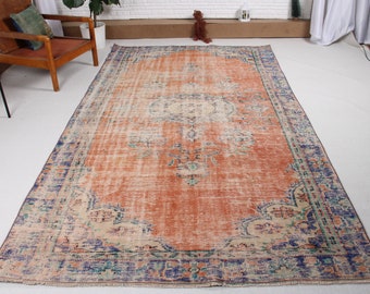 Turkish Rug, Large Rug, Vintage Rug, Antique Rug, Rugs For Bedroom, 5.8x10.1 ft Orange Rug, Faded Oushak Rugs, Large Turkish Rug,  164