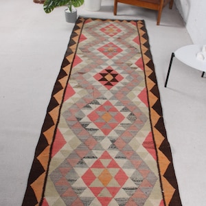 Vintage Turkish Kilim Runner Rug, 3x9ft, Geometric Pattern, Colorful Vintage Décor, Bohemian Home Accent