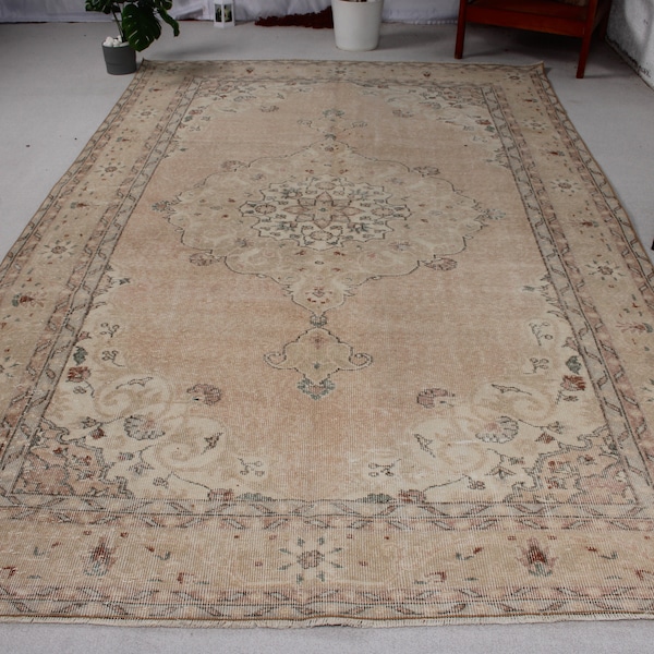 Large Rug Vintage Turkish Muted Anatolian Rugs For Living Room 6.6x10.6 ft Beige Oriental Salon Medallion Design Home Decor Office Abstract