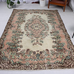 Vintage Turkish Area Rug, 5x8ft, Floral Design, Elegant Pastel Tones, Brown and Pink Motif, Unique Decorative Carpet