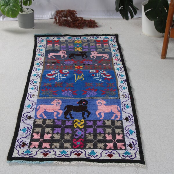 Small Rugs Vintage Turkish Oushak For Wall Hanging 2.4x5.5 ft Blue Oriental Kids Retro Animal Designed Home Decor Wool Neutral Turkish Boho