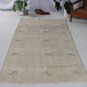 Area Rugs Vintage Turkish Oushak For Salon 3.9x8.7 ft Beige Anatolian Decor Pale Old Organic Hand Woven Boho Tribal Kitchen Abstract Natural