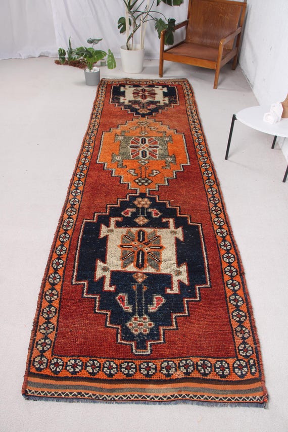 トルコ絨毯 ネイビー ランナーラグ ヴィンテージ トルコ ランナー ラグ