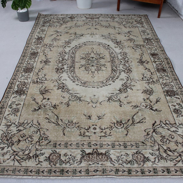 Vintage Rug Large Turkish Oushak Rugs For Salon 5.3x8.5 ft Beige Medallion Design Antique Eclectic Home Decor Wool Nomadic Handwoven Pale