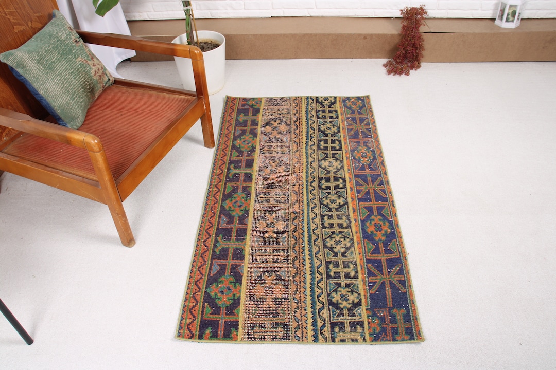 Vintage Small Rug 2.5x4.6 Ft, Turkish Blue Plants & Trees Wool Rug - Etsy