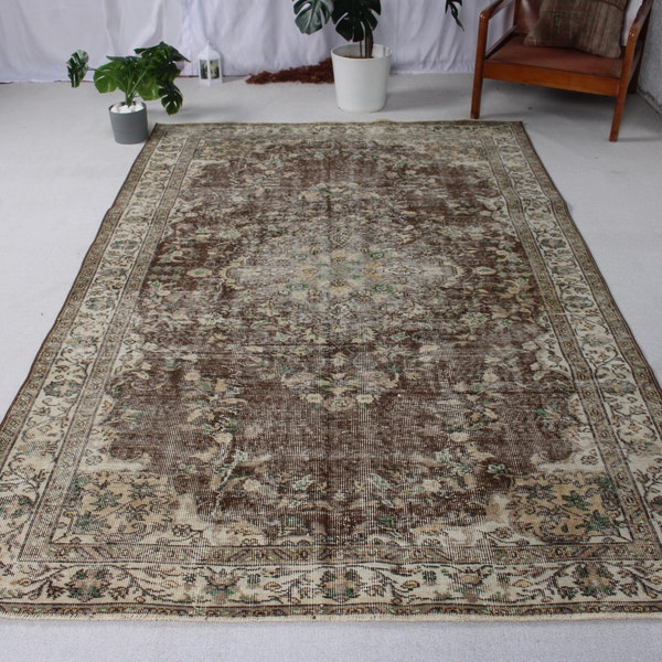 Large Rugs Vintage Turkish Antique For Dining Room 5.5x8.6 ft Brown Salon Oushak Handwoven Ethnic Eclectic Floor Anatolian Wool Decorative