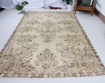 Large Rugs Turkish Vintage Antique For Living Room 6.5x10.4 ft Beige Wool Salon Decor Home Decor Aesthetic Oushak Handmade Neutral Turkish