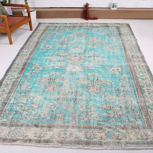 Large Rug, Turkish Rug, Vintage Rug, Oushak Rug, Rugs For Bedroom, 6.1x9.3 ft Blue Rug, Decorative Rugs, Wool Rug, Large Vintage Rug,  536