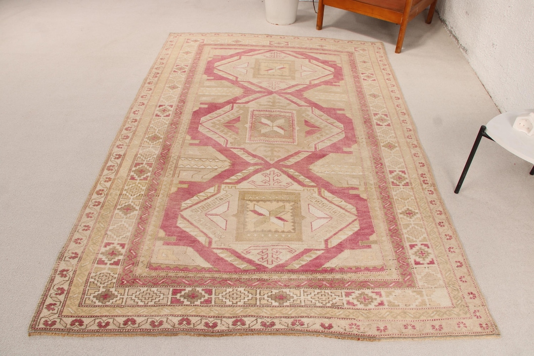 Turkish Abstract Rugs Vintage 5.1x7.6 Ft Rug, Oushak Turkish Rug, Beige Abstract Rug Wool ...