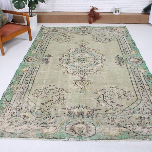 Large Rugs, Turkish Rug, Vintage Rug, Oushak Rugs, Rugs For Living Room, 5.8x9 ft Green Rug, Medallion Design Rug, Gift For Him,  17