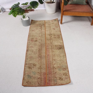 Vintage Turkish Runner Rug, Small Oushak Area Carpet 2x5 ft, Antique Handmade Decor, Pastel Neutral Hallway Accent Rug