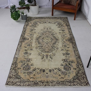 Carpette vintage, 3,6 x 6,9 pi, laine, tapis à fleurs marron gris