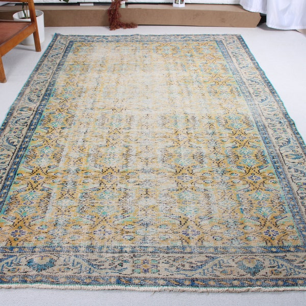 Large Rugs, Vintage Rug, Turkish Rug, Antique Rugs, Rugs For Salon, 6.3x9.3 ft Yellow Rug, Floral Oushak Rug, Kitchen Rug, Gift For Him, 838