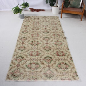 Area Rugs Turkish Vintage Antique Oushak For Living Room 3.6x7.9 ft Beige Oriental Neutral Turkish Organic Wool Custom Vintage Home Decor