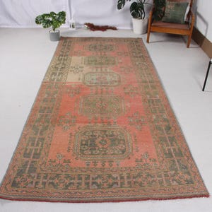 Vintage Turkish Oushak Rug, 4x10 ft, Handmade Wool Anatolian Carpet, Pink Floral Hallway Decor, Oriental Runner, Living Room Bohemian Style