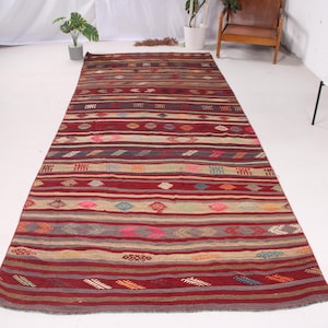 Turkish Kilim, Runner Kilim, Vintage Kilim, Patterned Antique Kilim, Rugs For Stair, 4.7x11.9 ft Purple Kilim, Oushak Rug With Fringe,
